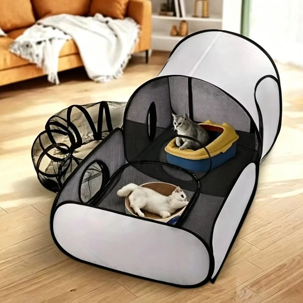 A foldable pet play tent with a tunnel is shown on a wooden floor, featuring mesh sides and a yellow interior.