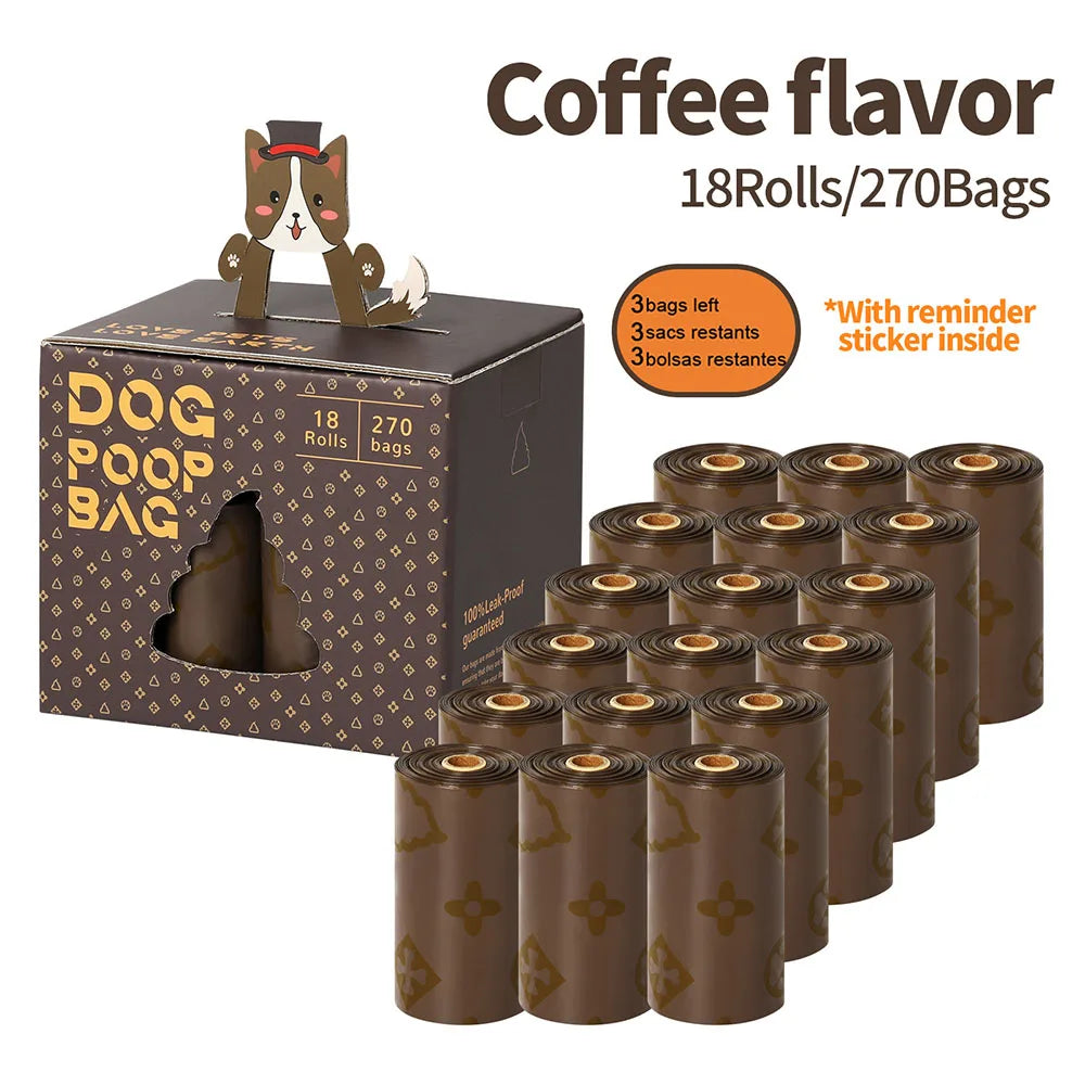 A box of 18 rolls and 270 bags of coffee flavored biodegradable dog poop bags with a cat figurine.