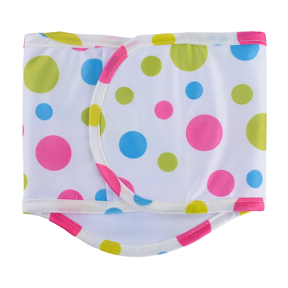 Reusable washable sanitary pants for male dogs featuring a pattern of colorful polka dots.