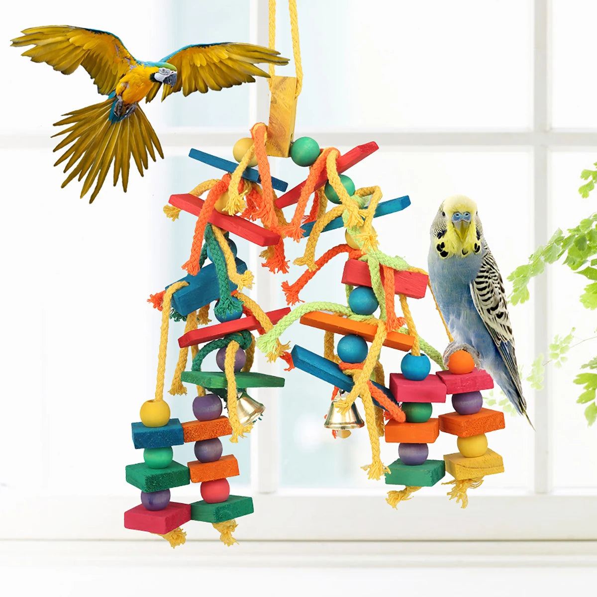A colorful wooden bead chew toy for parrots featuring various colored beads and a hanging hook.