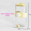 A clear glass Parrot Water Bottle with a yellow lid and feeding spout, shown in a vertical view.