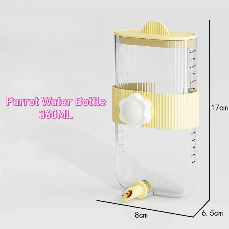 A clear glass Parrot Water Bottle with a yellow lid and feeding spout, shown in a vertical view.