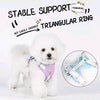 A white dog wearing a purple harness is shown next to an illustration of a triangular ring framework for stable support.
