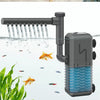 A black aquarium filter pump with multiple outlets is shown operating in water, featuring an oxygenation and wave maker funct
