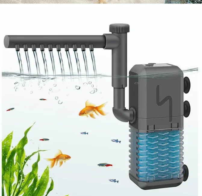 A black aquarium filter pump with multiple outlets is shown operating in water, featuring an oxygenation and wave maker funct