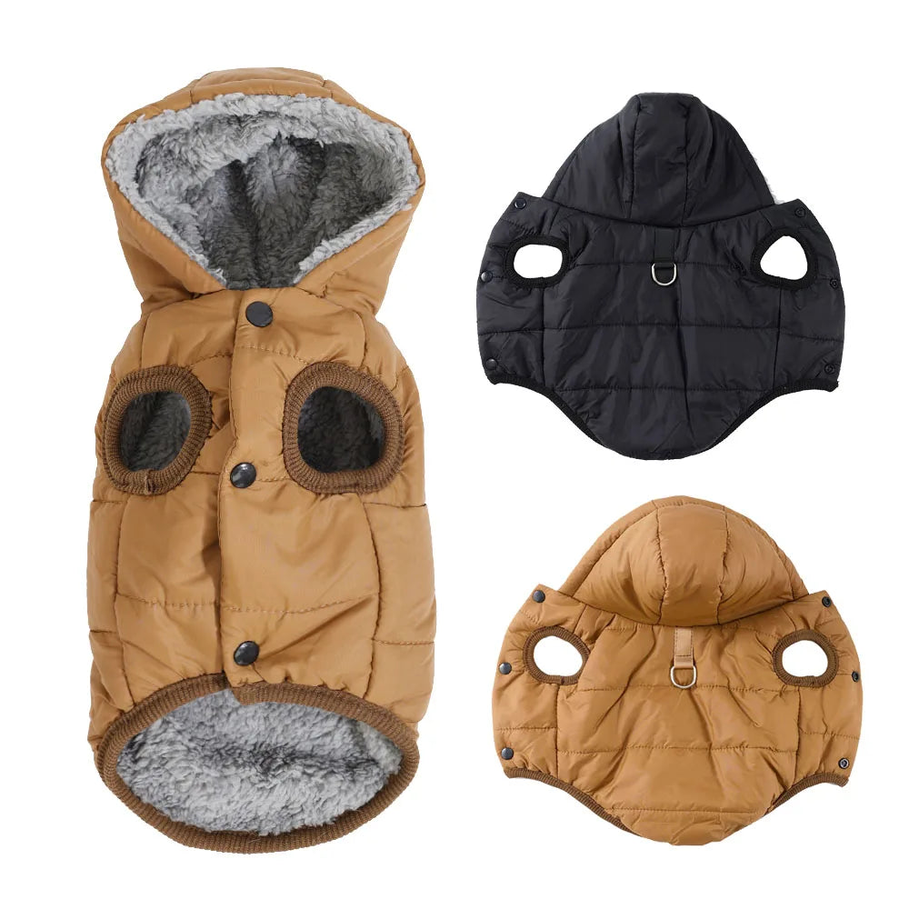 A tan quilted hooded dog jacket with a gray faux fur lining and black waterproof shell.