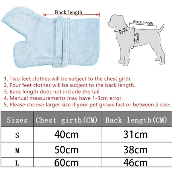 Light blue pet bathrobe shown folded and laid flat next to a dog silhouette diagram illustrating chest girth and back length 