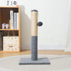 A tall, cylindrical sisal cat scratching post with a fuzzy ball attached, standing on a gray base.