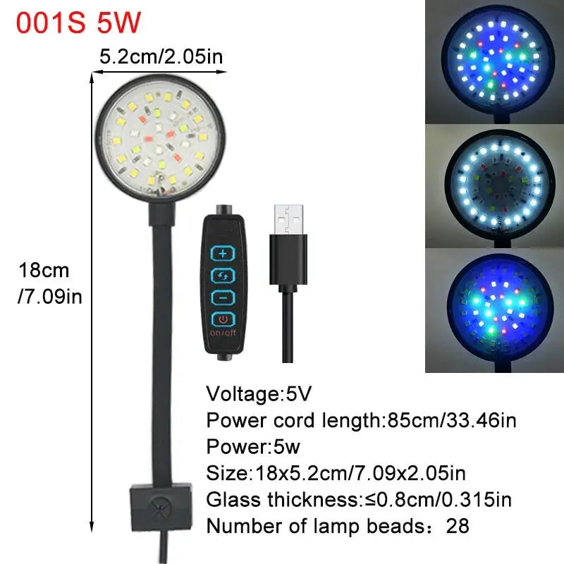 A black clip-on LED aquarium light with 28 lamp beads and a USB connector.