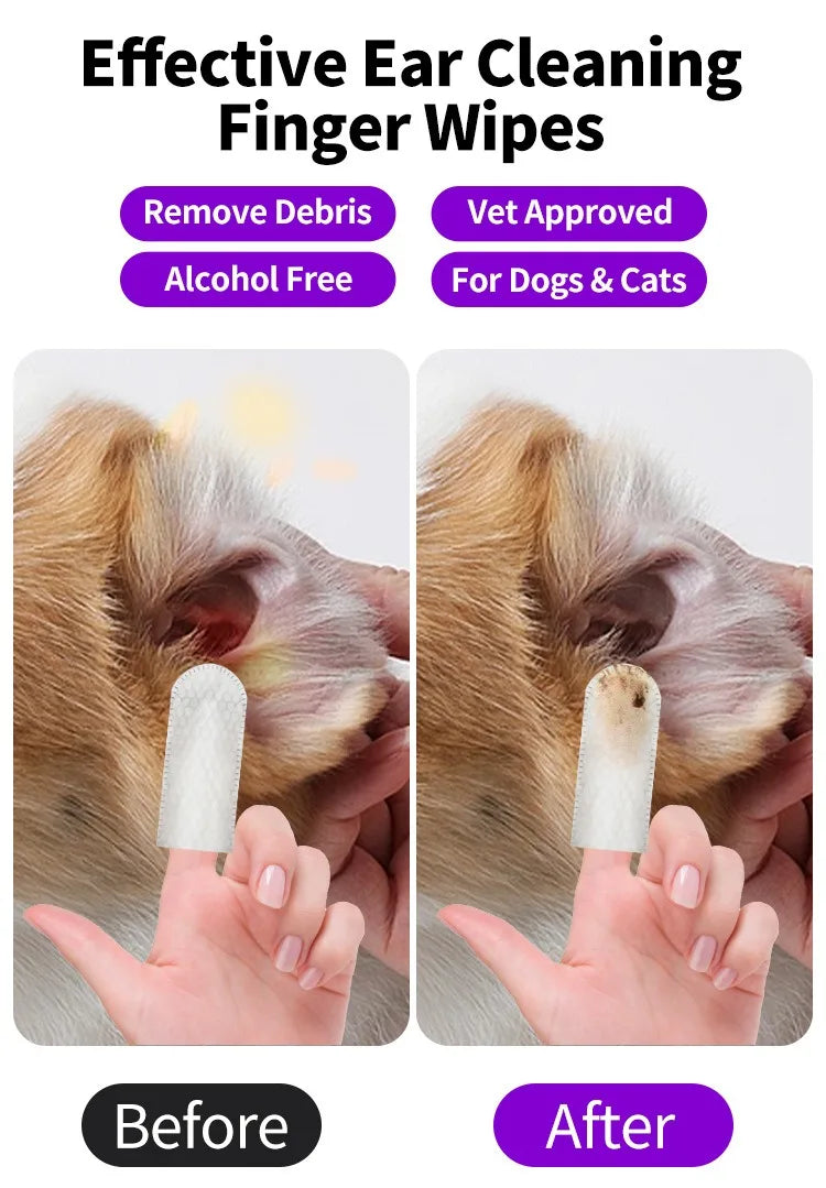 Before and after images showing effective ear cleaning finger wipes being used on a dog's ear.