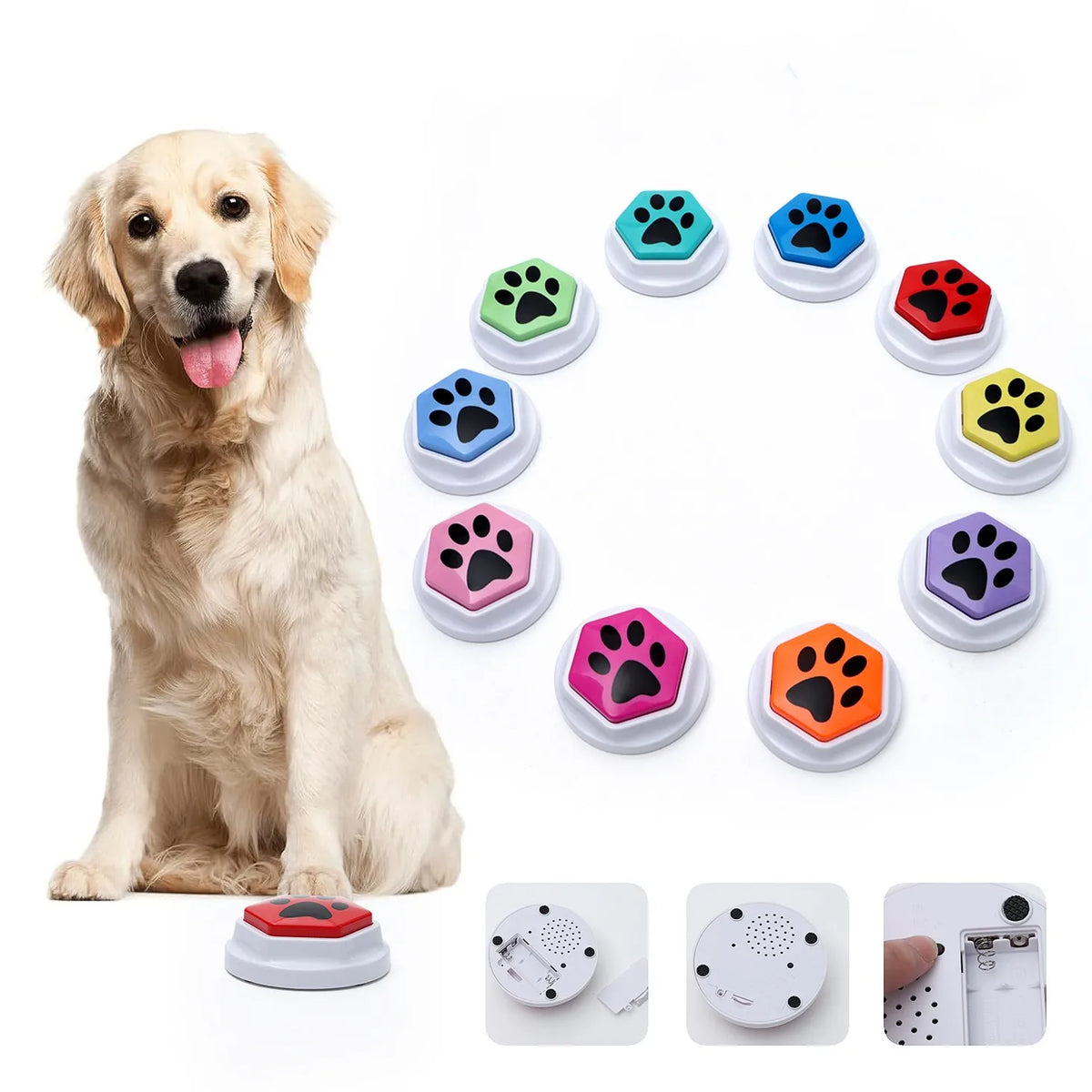 A dog sitting next to various paw print buttons for training, including green, blue, pink, and orange designs.