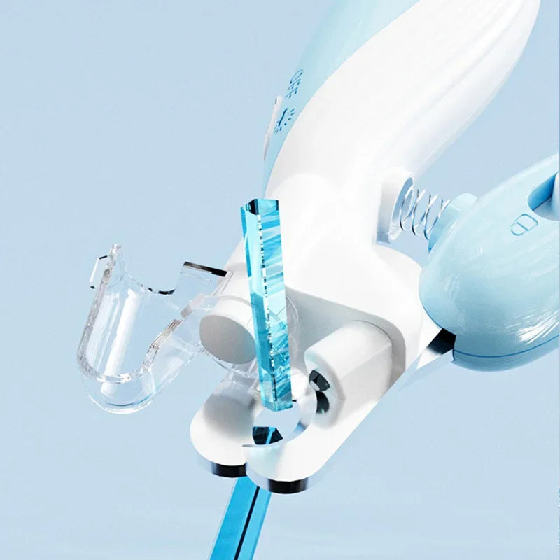 A close-up of professional pet nail clippers with LED light, showing the white and blue device and a clear nail clipper attac