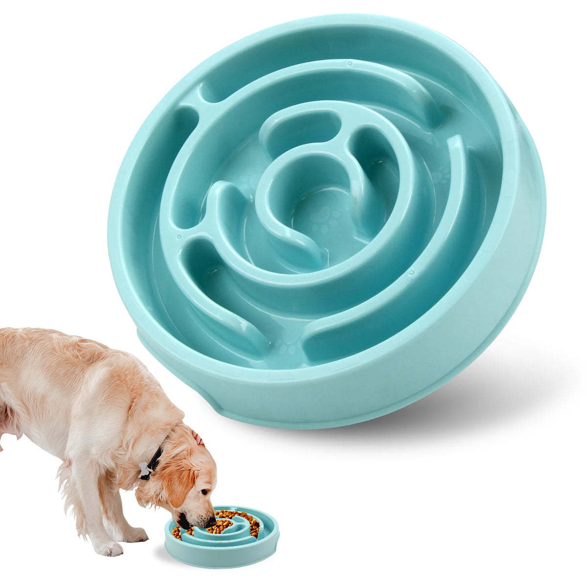 A light blue slow feeder bowl with concentric ridges is shown next to a dog eating food from it.