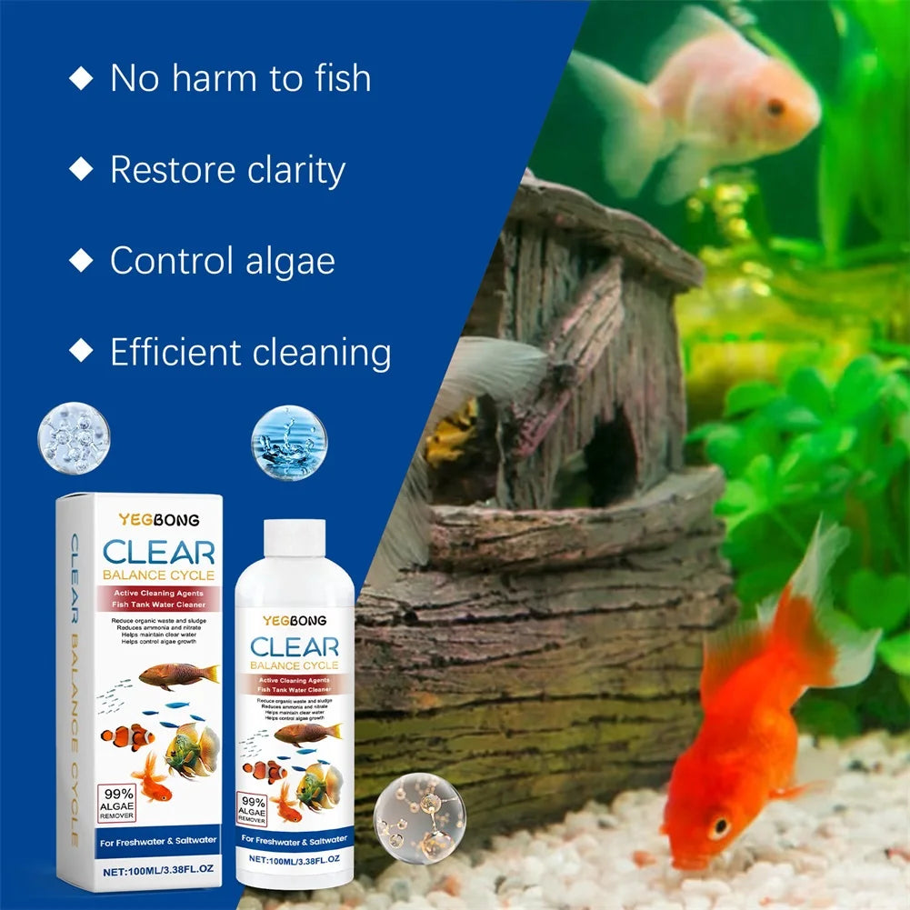 YEGBONG CLEAR Balance Cycle aquarium water clarifier for fish tanks shown next to a goldfish.