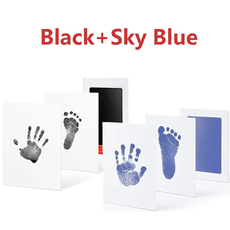Black and sky blue baby handprint and footprint kits for keepsakes displayed on a white background.