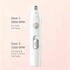 A white dual speed pet nail trimmer with two gears, one for soft nails and one for hard nails.