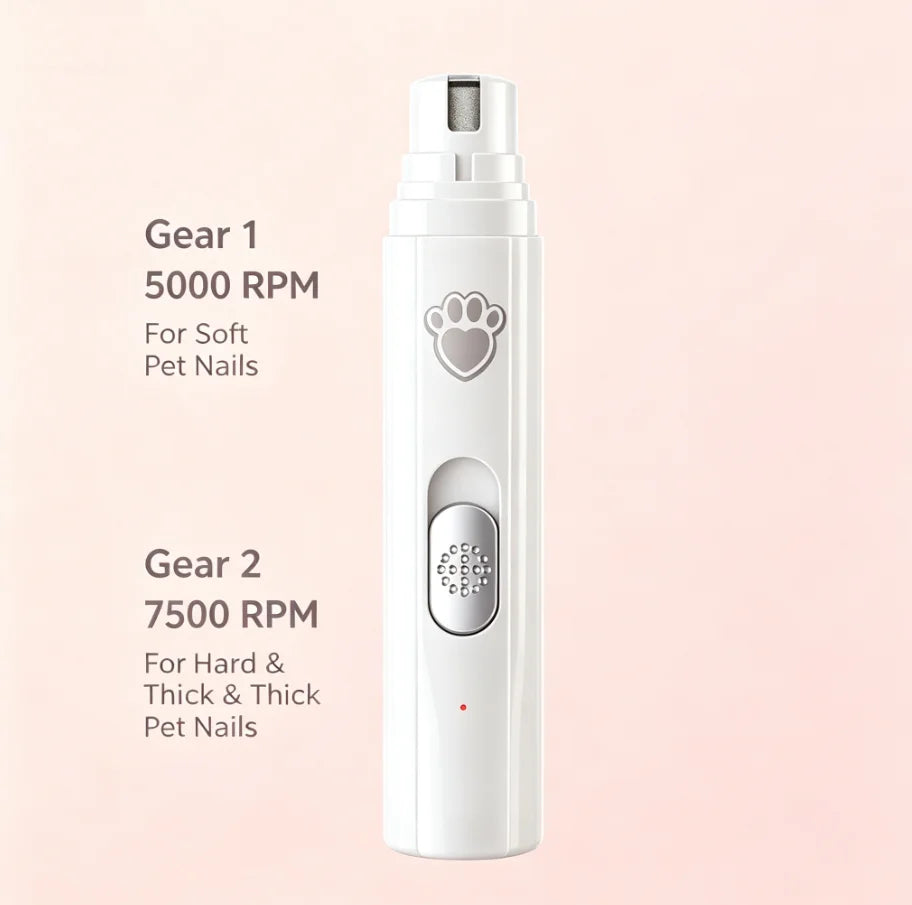A white dual speed pet nail trimmer with two gears, one for soft nails and one for hard nails.