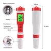 A white digital water quality meter with a red display and various buttons, shown next to its components.