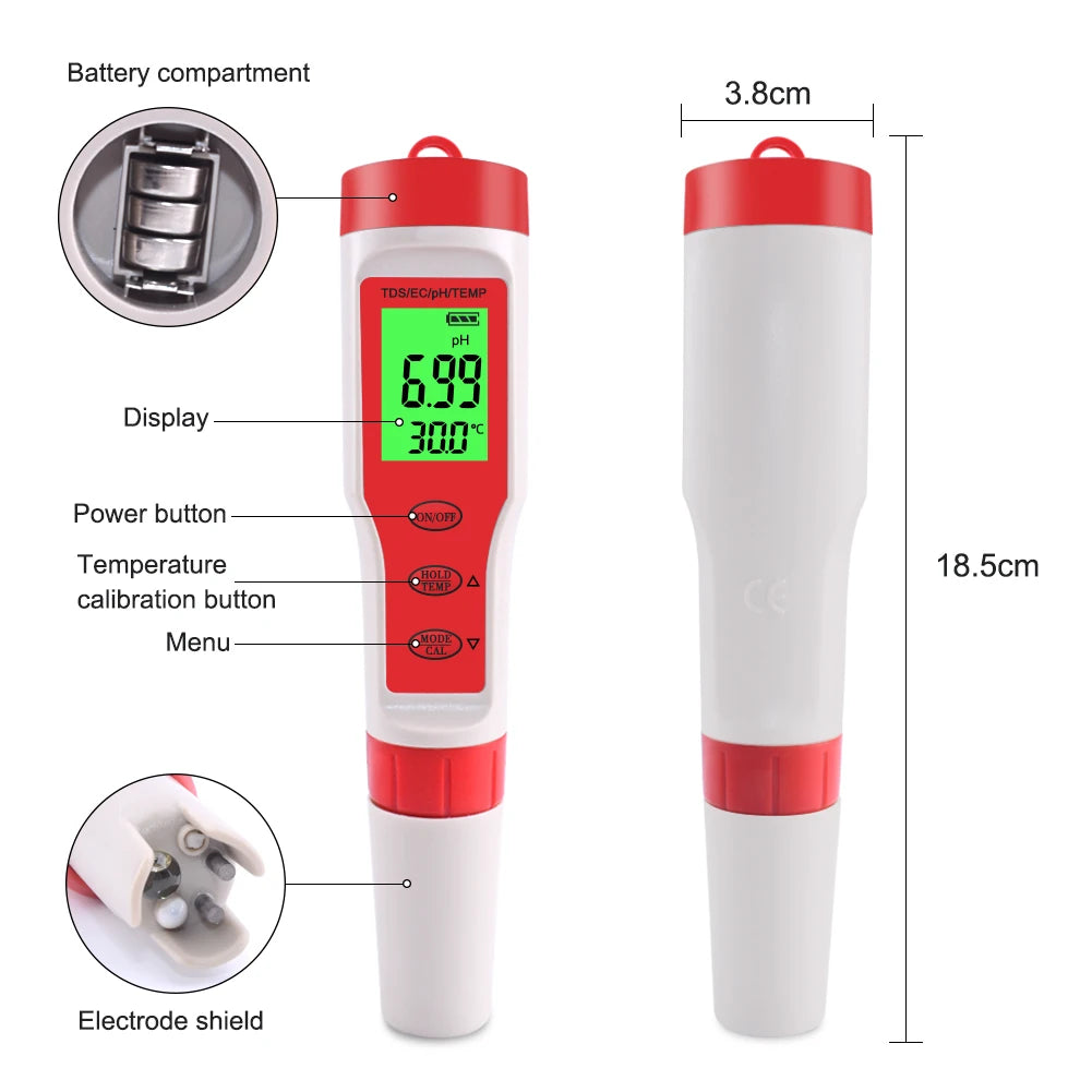 A white digital water quality meter with a red display and various buttons, shown next to its components.