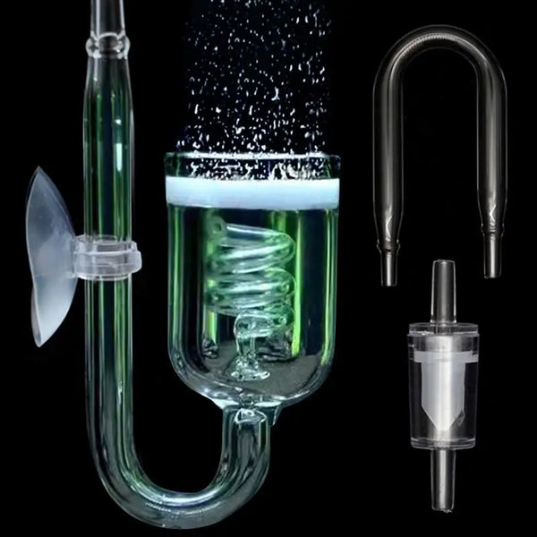 A clear aquarium CO2 diffuser with a suction cup attachment and a glass chamber filled with liquid.
