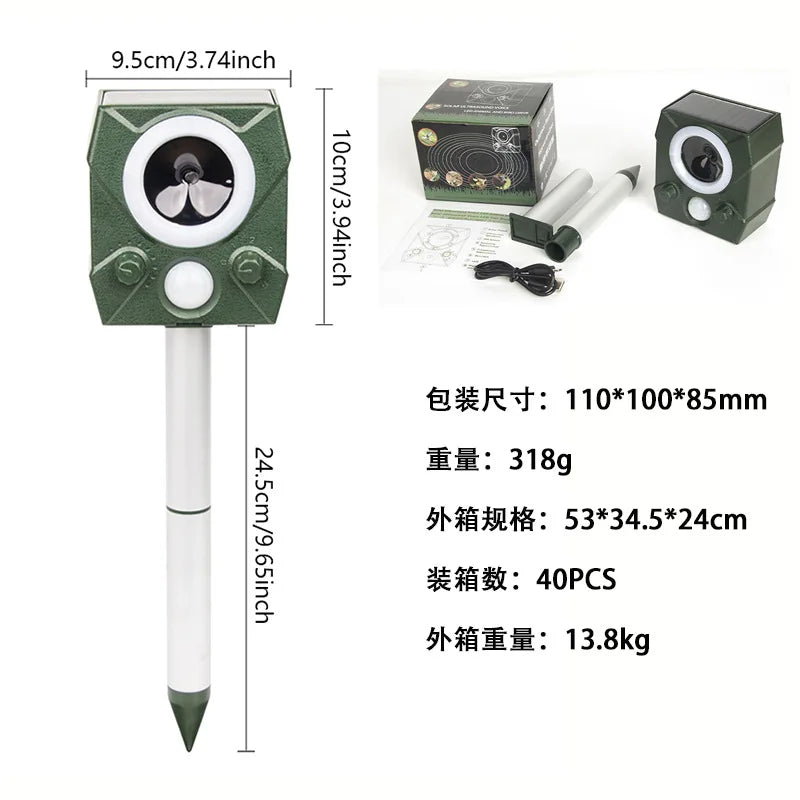 A green solar ultrasonic animal repeller device with a motion sensor and accompanying accessories.