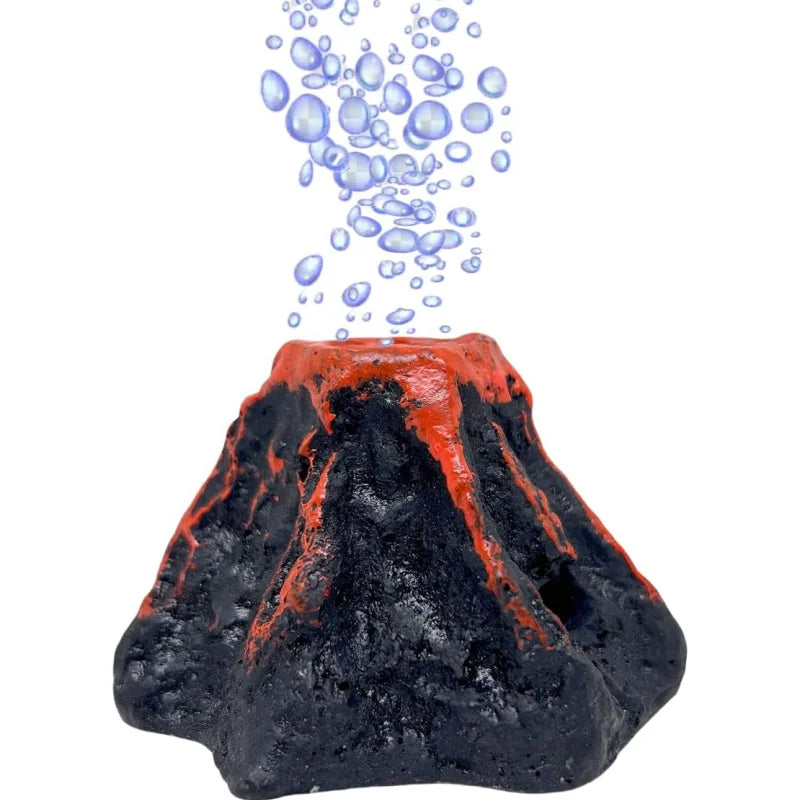 A black volcanic rock product with an orange-red substance and realistic blue air bubbles erupting from the top.