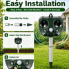 A green solar ultrasonic animal repeller stake shown with instructions for plug and play installation.