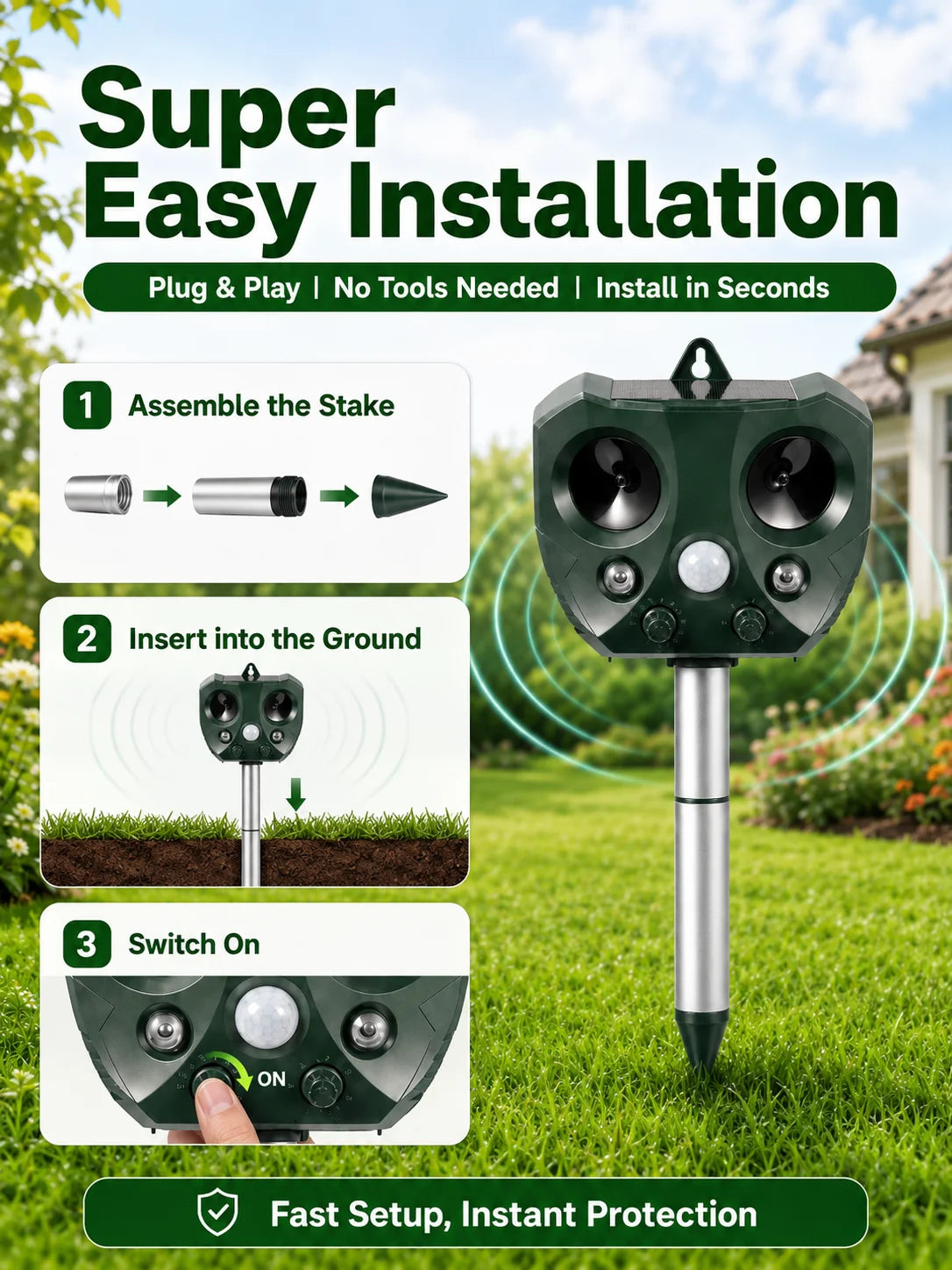 A green solar ultrasonic animal repeller stake shown with instructions for plug and play installation.