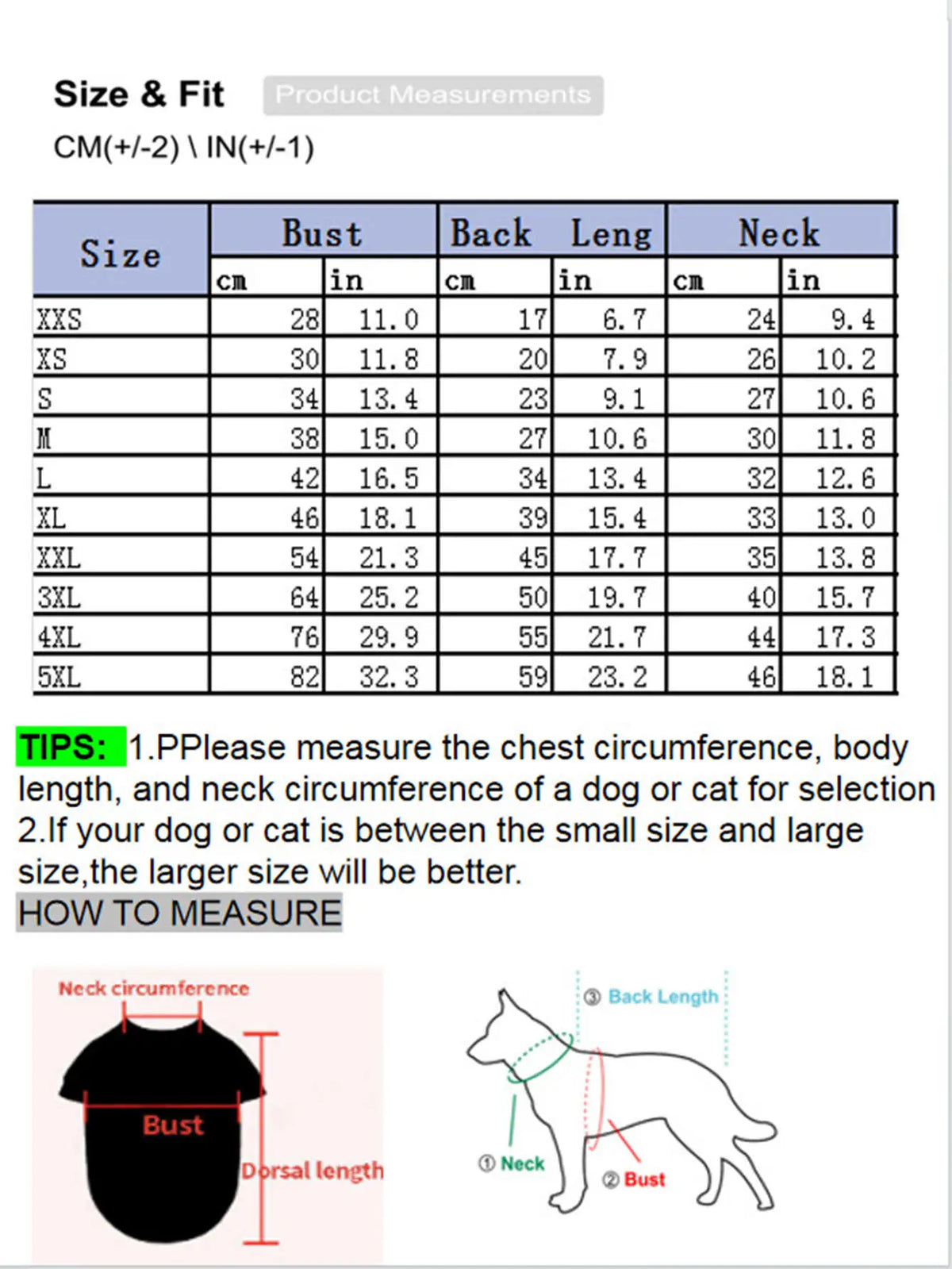 A size chart for a Cute Pink Heart Dog and Cat Vest showing measurements in centimeters and inches.
