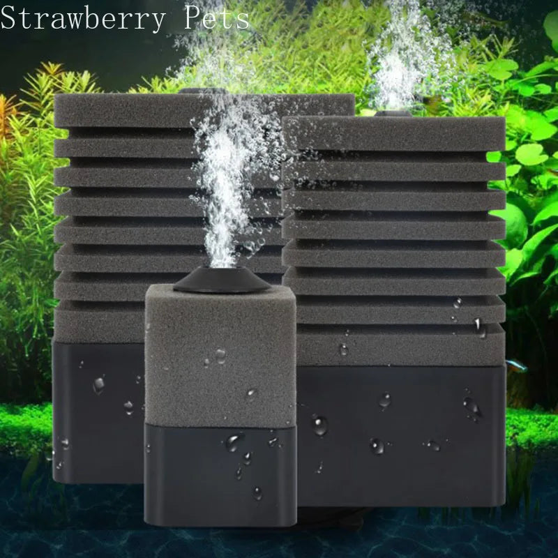 A black aquarium bio sponge filter is shown with water spray, set against a green plant background.