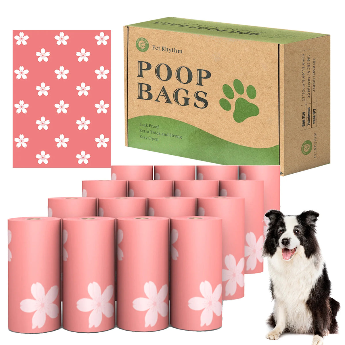 A box of poop bags and several rolls of pink biodegradable dog poop bags are shown.
