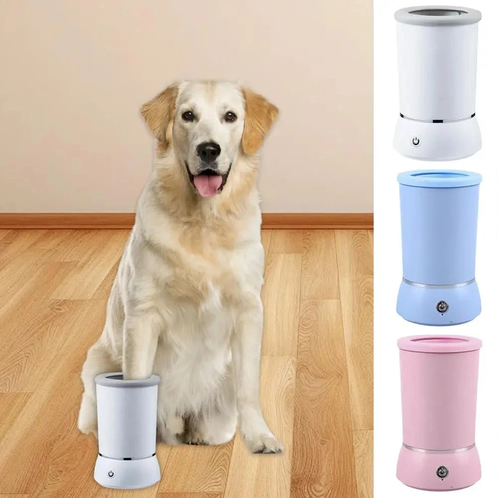 A golden retriever sits next to three versions of an automatic pet paw cleaner cup in white, blue, and pink.