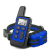 A black electric dog training collar with blue accents and a digital display is shown on a black strap.