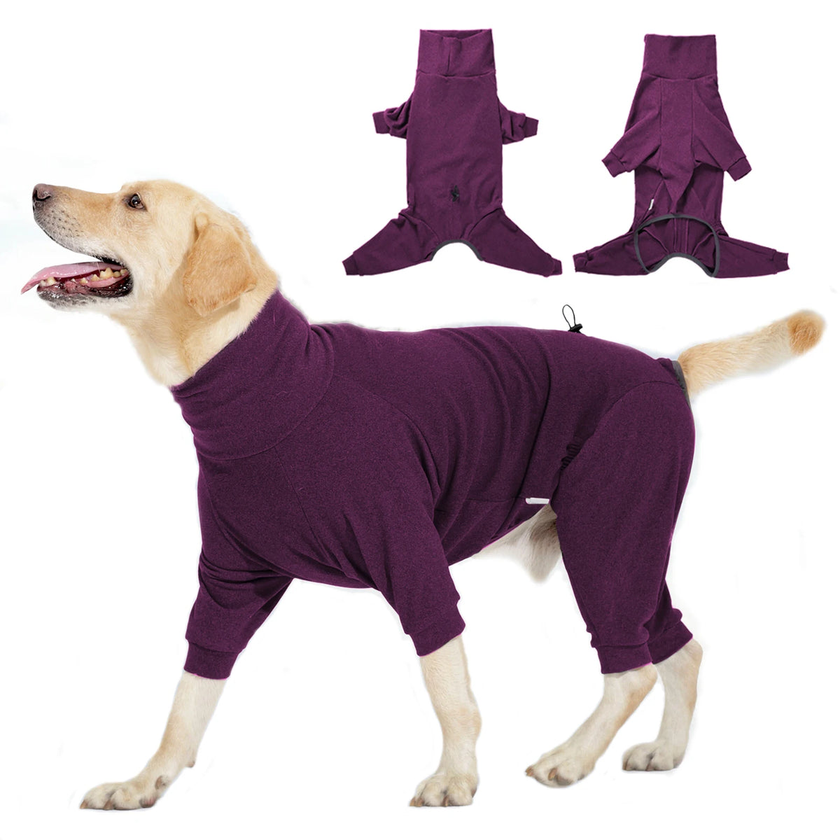 A golden retriever wearing a purple windproof fleece dog jumpsuit with matching fabric pieces displayed alongside it.