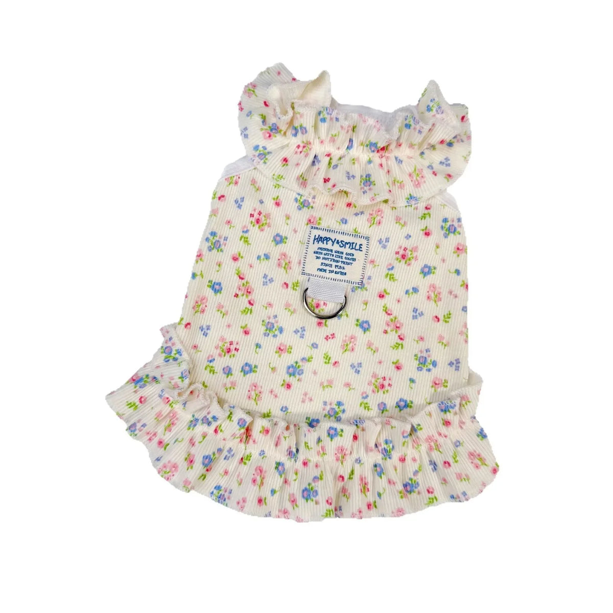 A light-colored floral summer dress with ruffled trim for dogs and cats
