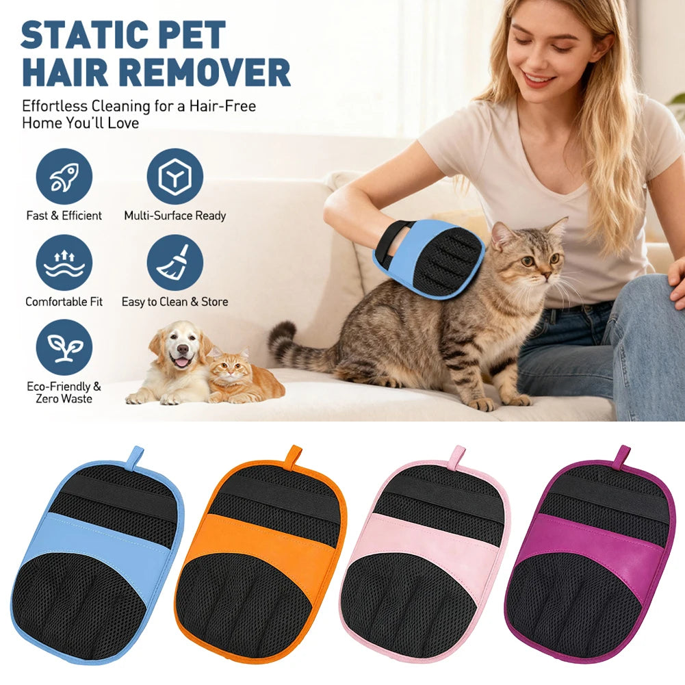 A woman is using electrostatic pet hair remover gloves on a cat, with various colored silicone pads displayed below.