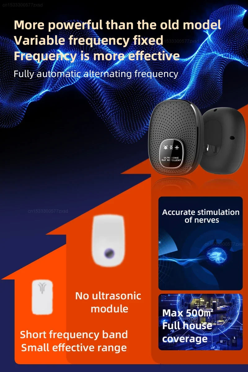 Two black ultrasonic devices are shown with text highlighting features like variable frequency and full automatic alternating
