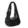 Black pet carrier sling bag with a checkered lining and a strap detail.