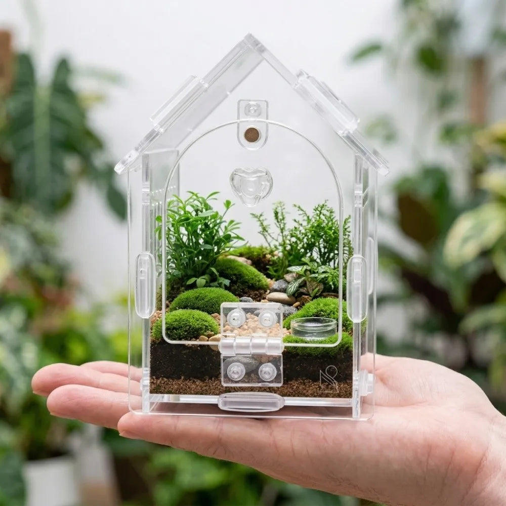 A hand holds a clear glass terrarium shaped like a house containing moss and small plants.