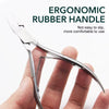 A hand holds an ergonomic rubber handle precision stainless steel cuticle nipper for nail care.