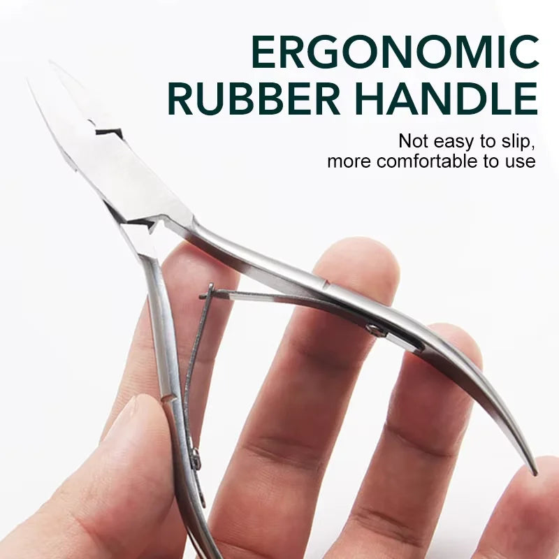 A hand holds an ergonomic rubber handle precision stainless steel cuticle nipper for nail care.
