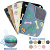 A collection of nine waterproof dog blankets in various colors and patterns shown together.