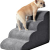 A light tan dog is standing on a gray non-slip curved pet stairs ramp.
