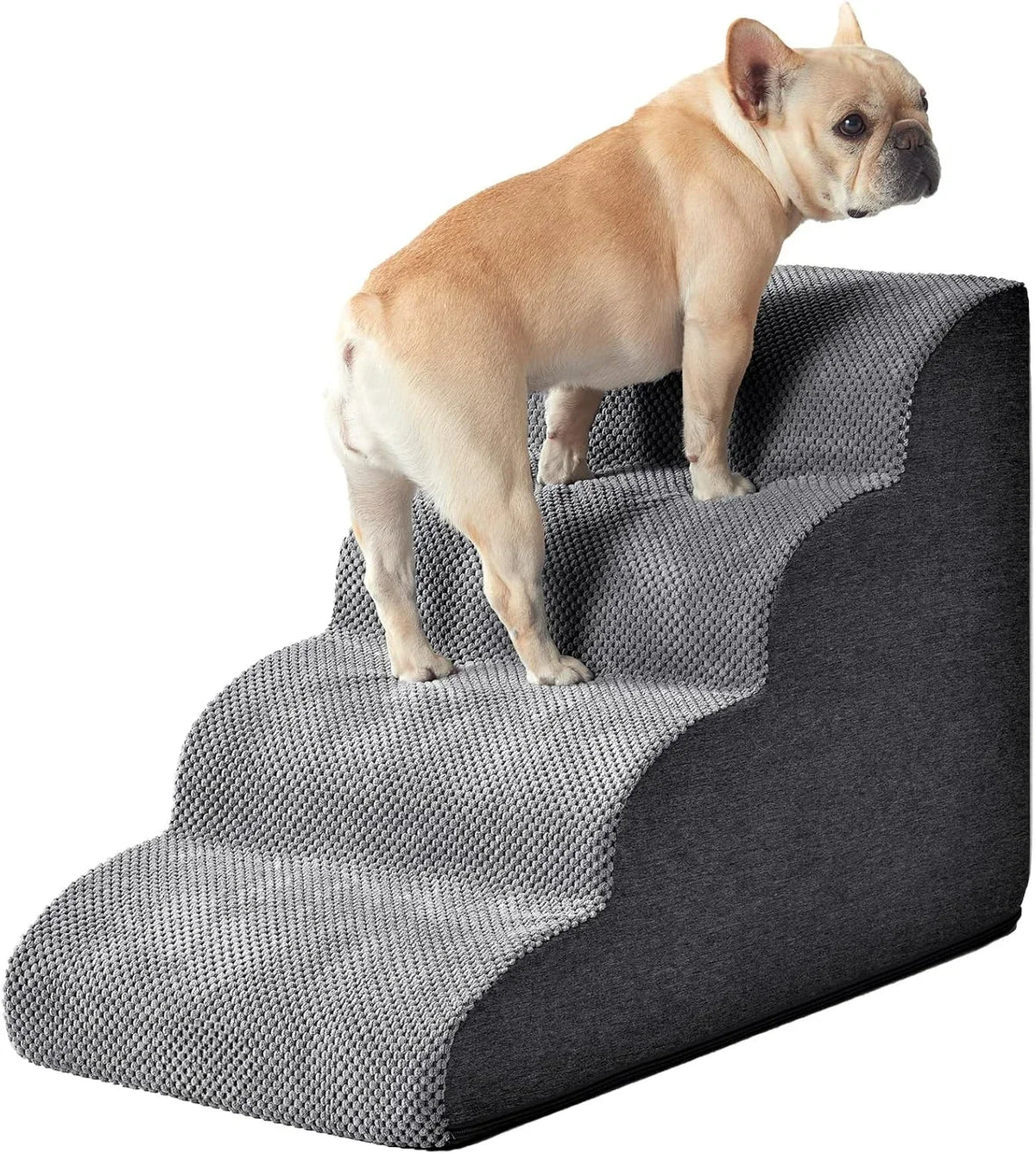 A light tan dog is standing on a gray non-slip curved pet stairs ramp.