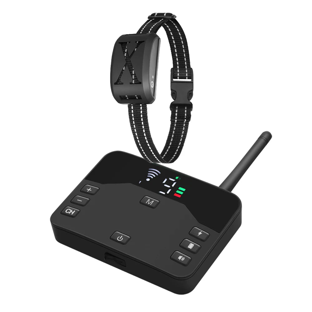 A black dual function dog training collar with a remote trainer and electric fence component.