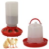 A set of automatic chicken feeder and waterer combo featuring a white dispenser on a red base and a separate waterer with a r