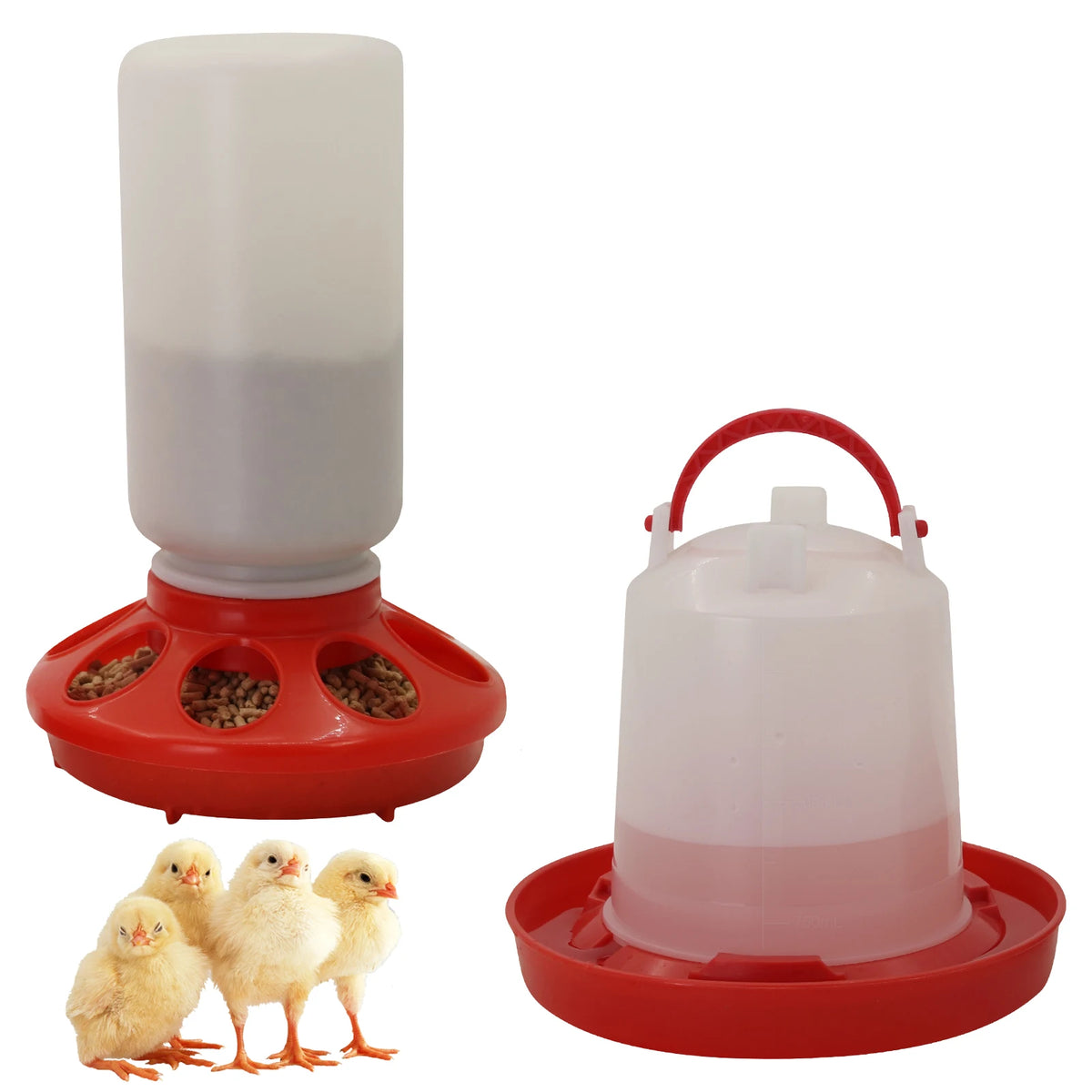 A set of automatic chicken feeder and waterer combo featuring a white dispenser on a red base and a separate waterer with a r