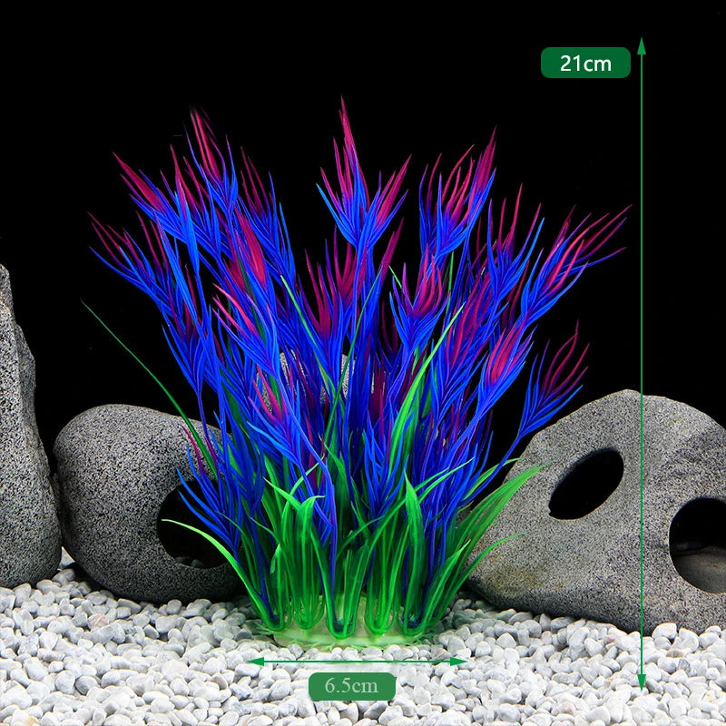 Un amas de plantes aquatiques artificielles bleues et magenta dans un environnement rocheux.