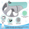 A light blue evaporative cooling dog vest with a gray harness and reflective strip design.
