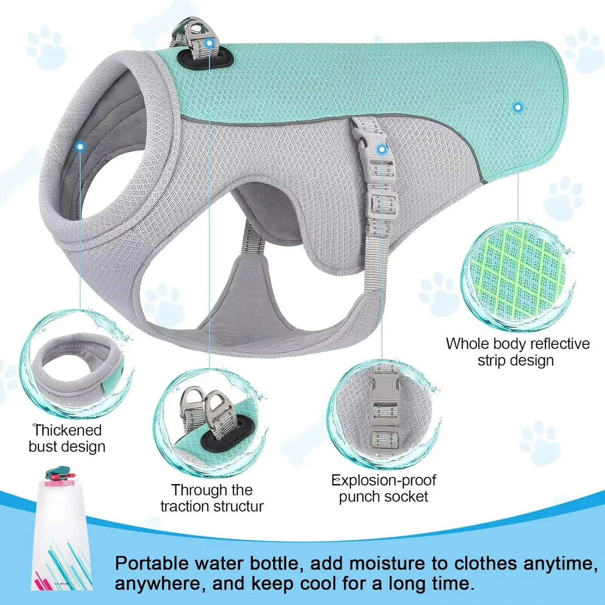 A light blue evaporative cooling dog vest with a gray harness and reflective strip design.